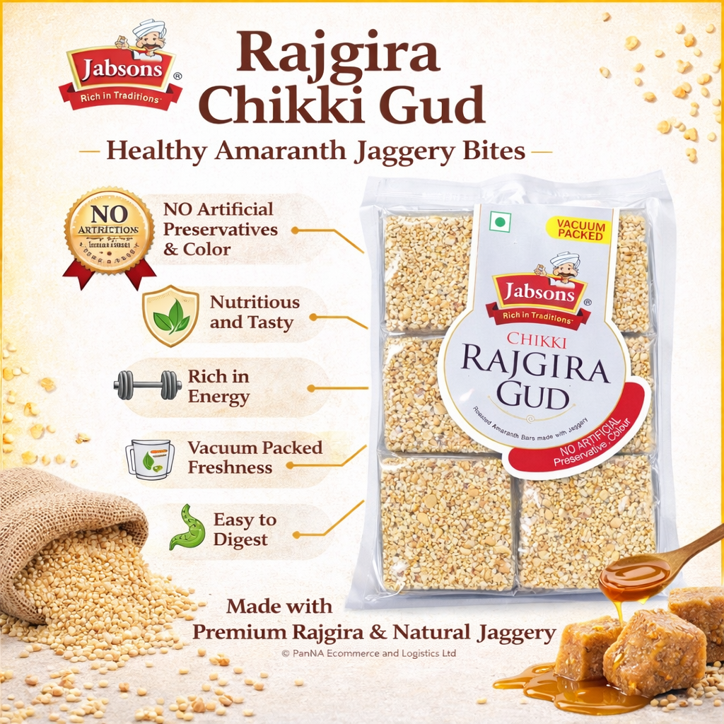Jabsons Rajgira Chikki Gud – Healthy Amaranth & Jaggery Bites | High Energy Traditional Snack | No Artificial Preservatives | Vacuum Packed Crunchy Sweet | Indian Healthy Snack