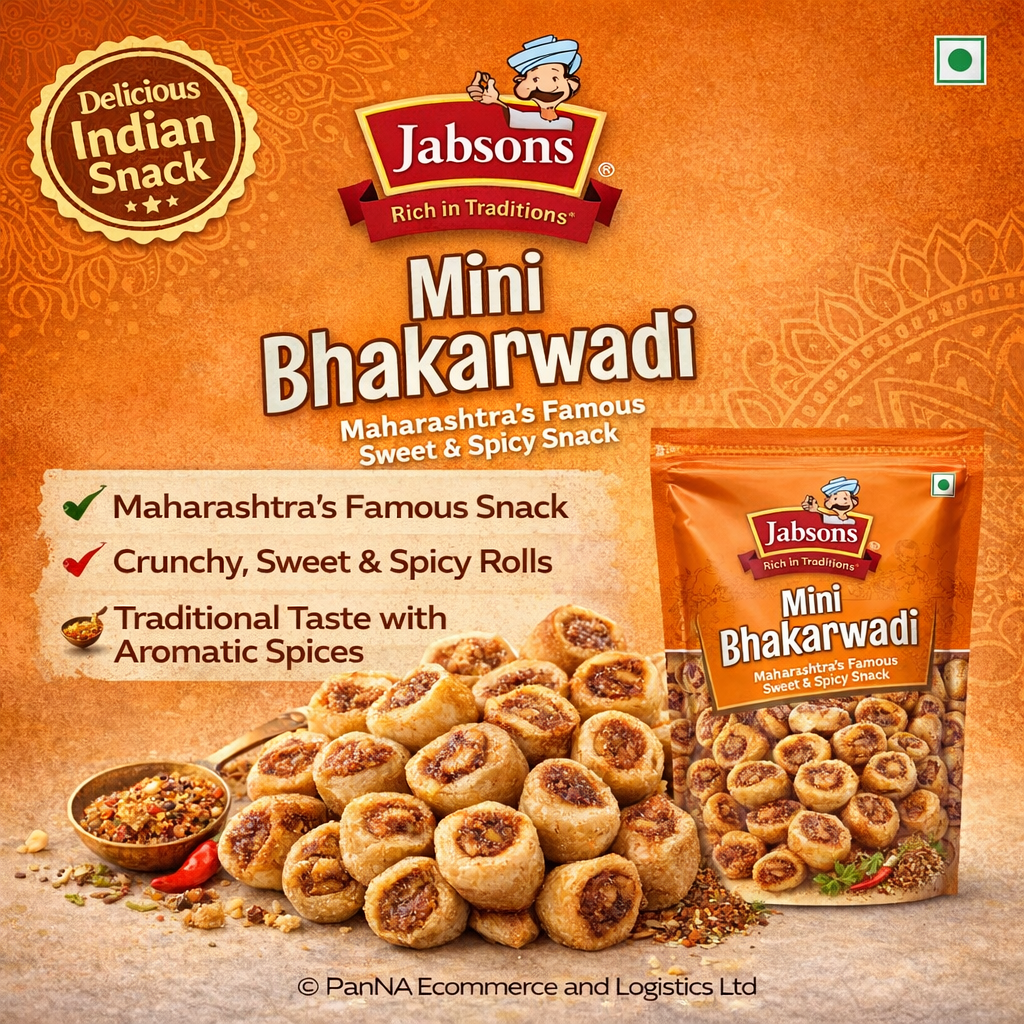 Jabsons Mini Bhakharwadi – Crunchy Sweet & Spicy Snack 160G| Maharashtra Special Namkeen | Bite-Sized Bhakarwadi | Tea-Time Snack