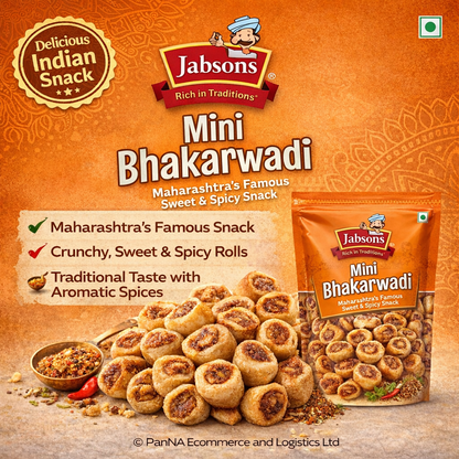 Jabsons Mini Bhakharwadi – Crunchy Sweet & Spicy Snack 160G| Maharashtra Special Namkeen | Bite-Sized Bhakarwadi | Tea-Time Snack