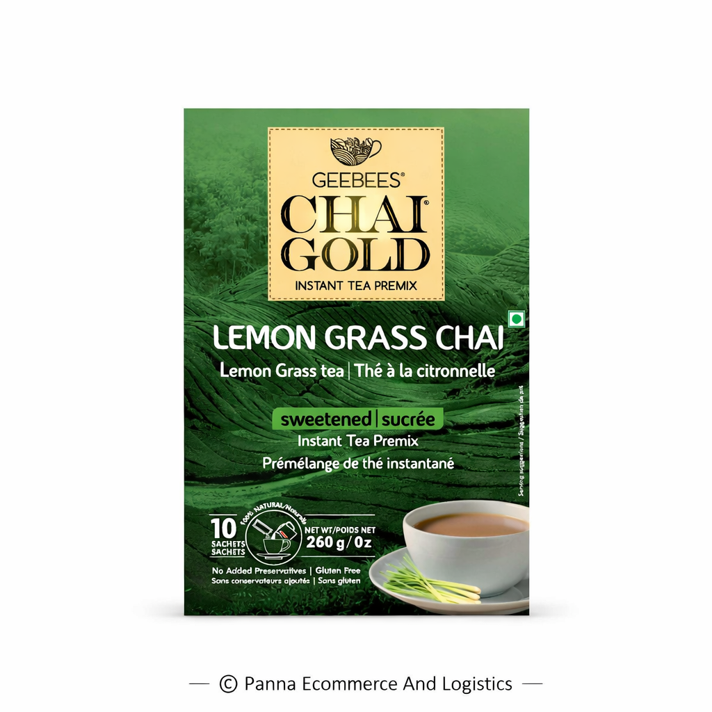 Geebees Chai Gold Lemon Grass Chai Instant Tea Premix, Sweetened, 260g (9 oz), 10 Sachets, Refreshing Herbal Lemongrass Tea, Quick & Easy Ready Mix