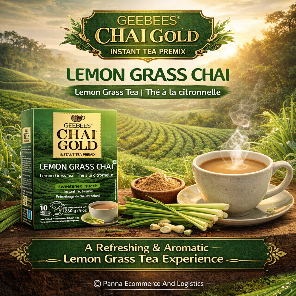 Geebees Chai Gold Lemon Grass Chai Instant Tea Premix, Sweetened, 260g (9 oz), 10 Sachets, Refreshing Herbal Lemongrass Tea, Quick & Easy Ready Mix