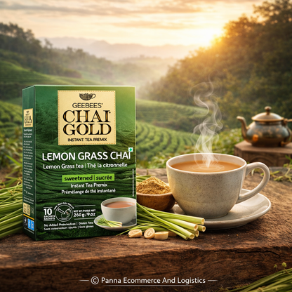 Geebees Chai Gold Lemon Grass Chai Instant Tea Premix, Sweetened, 260g (9 oz), 10 Sachets, Refreshing Herbal Lemongrass Tea, Quick & Easy Ready Mix