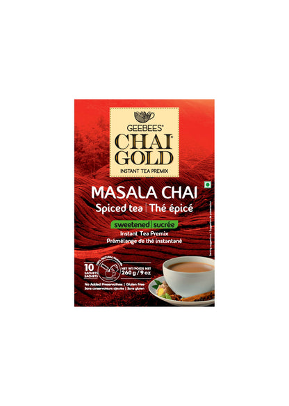 GeeBees Chai Gold Masala Chai, Sweetened, Instant Pre-Mix, 10 Sachets, Authentic Indian Masala Tea, Ready to Drink Tea - No Added preservatives, Natural Tea
