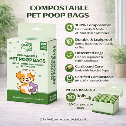 Simply Green Compostable Pet Poop Bags 150 Count (3 x 12 Rolls) – Eco-Friendly Dog Waste Bags, Leak-Proof, Unscented, Biodegradable Pet Waste Bags