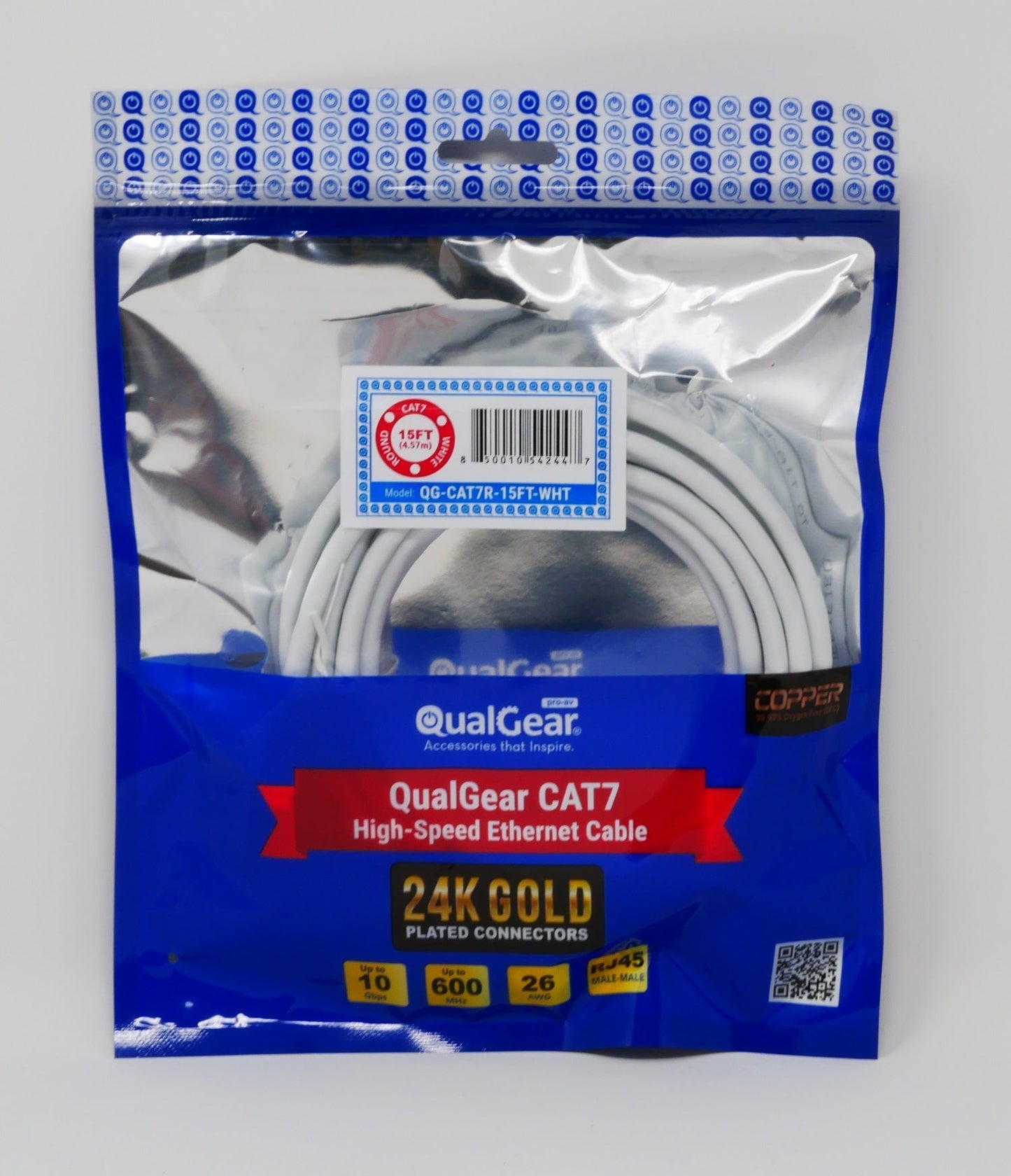 QualGear QG-CAT7R-15FT-WHT CAT 7 S/FTP Ethernet Cable Length 15 feet - 26 AWG, 10 Gbps, Gold Plated Contacts, RJ45, 99.99% OFC Copper, Color White