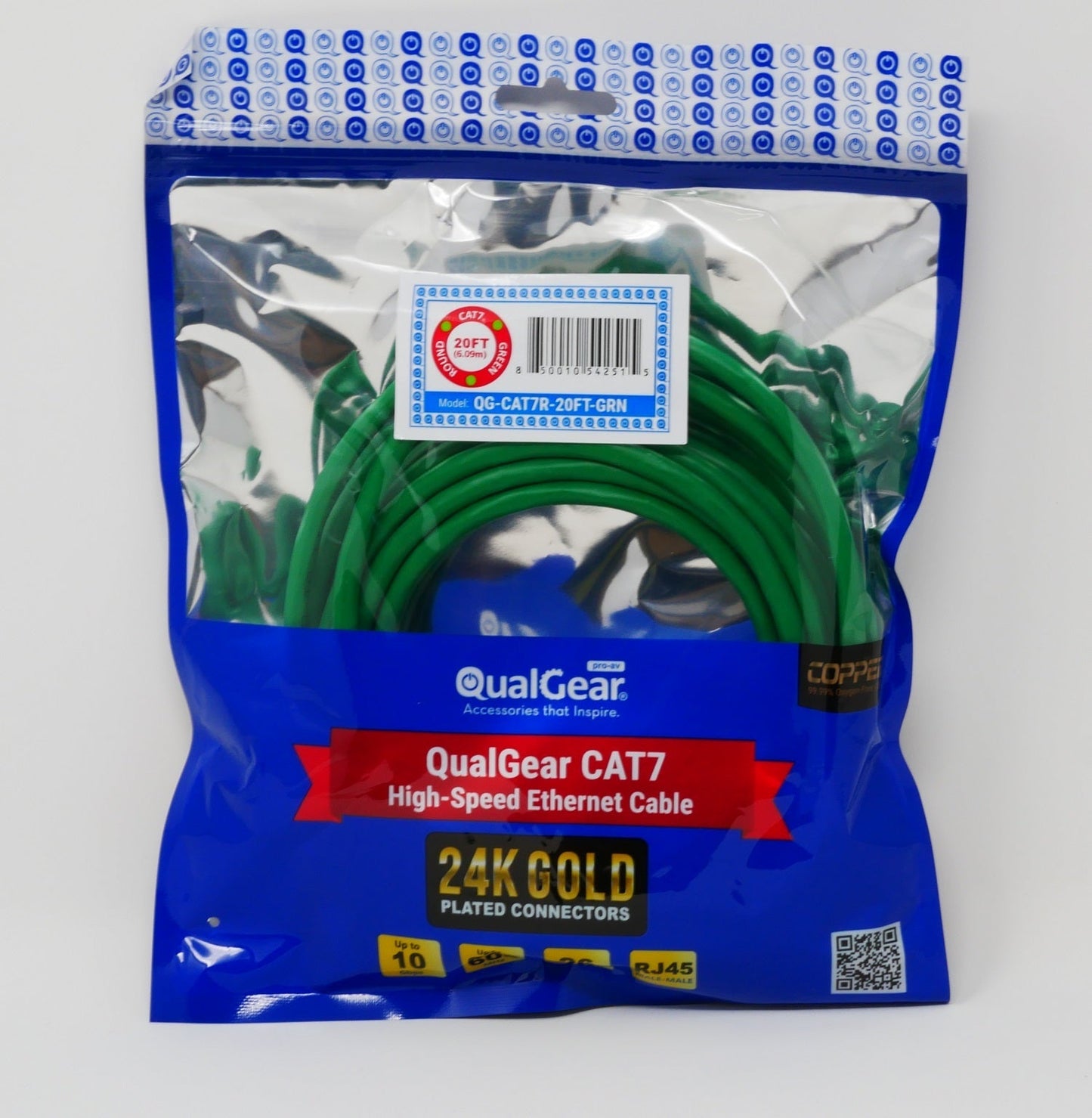 QualGear QG-CAT7R-20FT-GRN CAT 7 S/FTP Ethernet Cable Length 20 feet - 26 AWG, 10 Gbps, Gold Plated Contacts, RJ45, 99.99% OFC Copper, Color Green