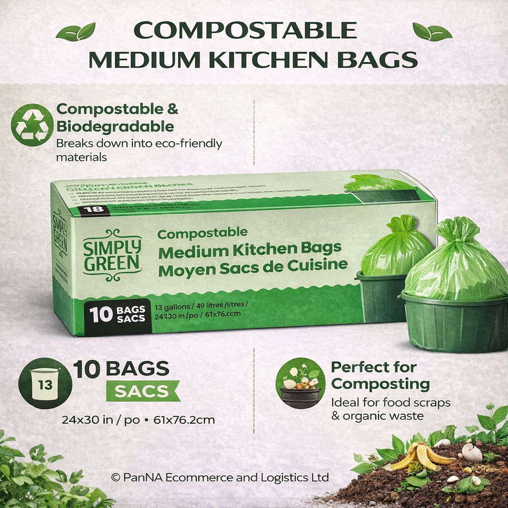 Simply Green Compostable Medium Kitchen Garbage Bags, 13 Gallon (49L), 10 Bags, Heavy Duty Leak-Resistant, Eco-Friendly Corn-Based Biodegradable Trash Bags for Home Kitchen Waste