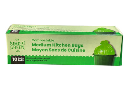 Simply Green Compostable Medium Kitchen Garbage Bags, 13 Gallon (49L), 10 Bags, Heavy Duty Leak-Resistant, Eco-Friendly Corn-Based Biodegradable Trash Bags for Home Kitchen Waste