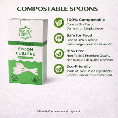 Simply Green Compostable Spoons 30 Count (4 x 10 Pack) – Eco-Friendly Disposable Cutlery, Heavy Duty Biodegradable Spoons, Plastic-Free Tableware