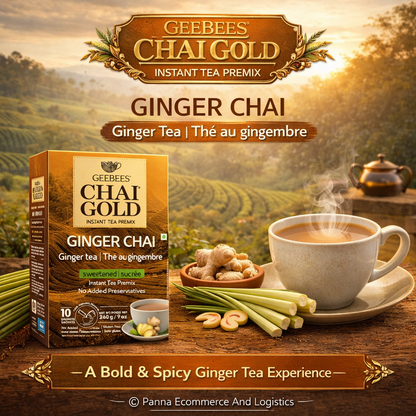 Geebees Chai Gold Ginger Chai Instant Tea Premix, Sweetened, 260g (9 oz), 10 Sachets, Authentic Indian Adrak Tea, Quick & Easy Ready Mix