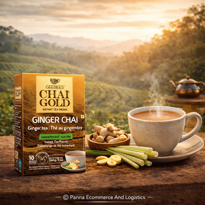 Geebees Chai Gold Ginger Chai Instant Tea Premix, Sweetened, 260g (9 oz), 10 Sachets, Authentic Indian Adrak Tea, Quick & Easy Ready Mix