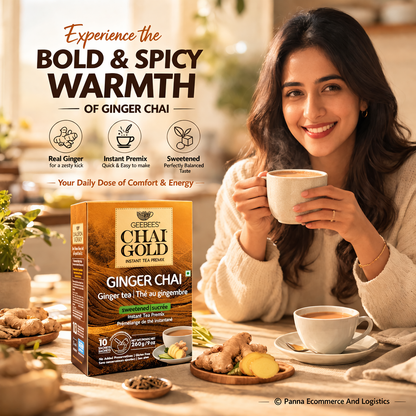 Geebees Chai Gold Ginger Chai Instant Tea Premix, Sweetened, 260g (9 oz), 10 Sachets, Authentic Indian Adrak Tea, Quick & Easy Ready Mix