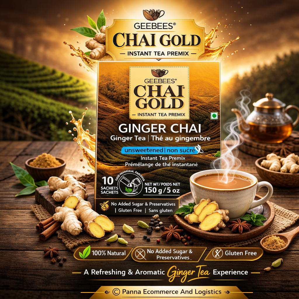 Geebees Chai Gold Ginger Chai Instant Tea Premix, Unsweetened, 150g (5 oz), 10 Sachets, Authentic Indian Adrak Tea, No Sugar, Quick & Easy Ready Mix