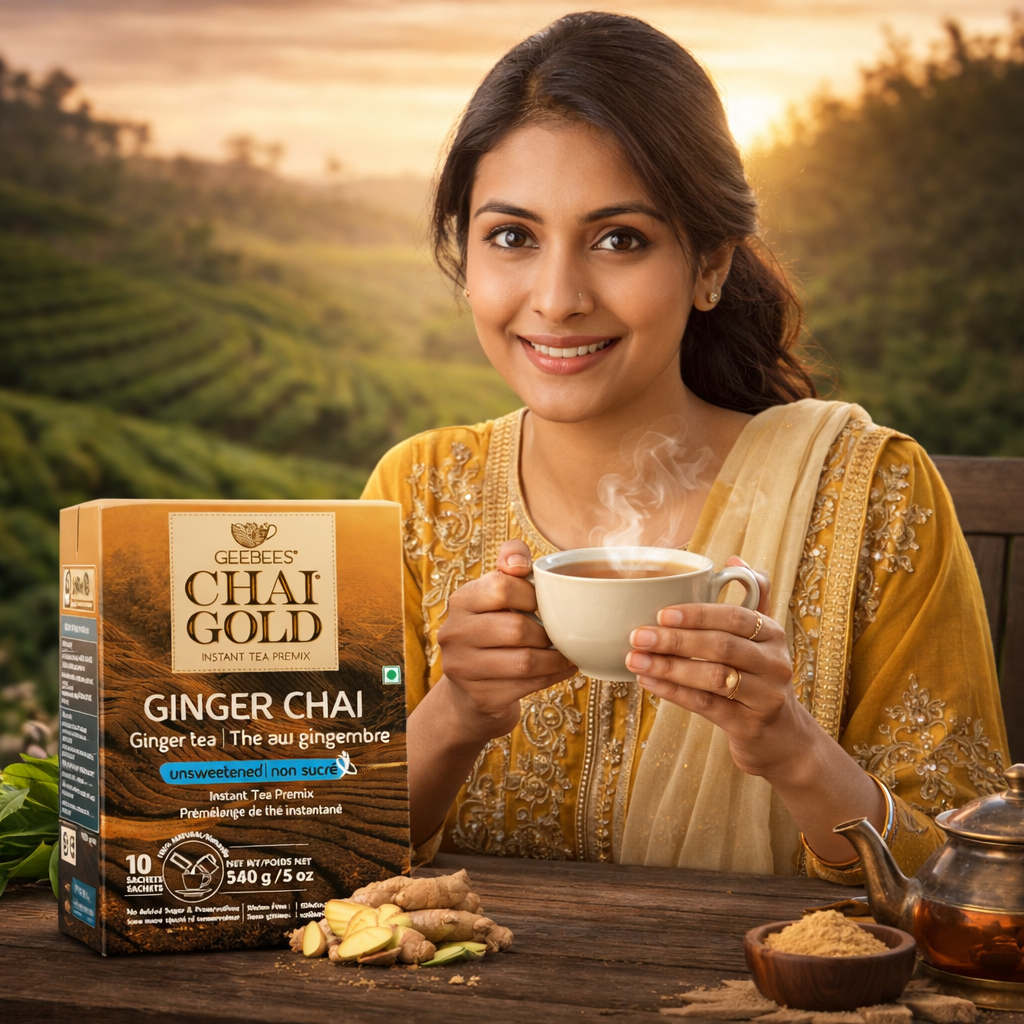 Geebees Chai Gold Ginger Chai Instant Tea Premix, Unsweetened, 150g (5 oz), 10 Sachets, Authentic Indian Adrak Tea, No Sugar, Quick & Easy Ready Mix
