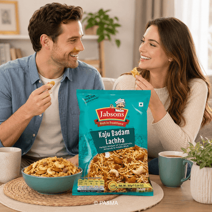 Jabsons Kaju Badam Lachha (Falhari) 160g – Cashew Almond Potato Stick Snack | Rock Salt Namkeen | Pack of 24