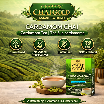 Geebees Chai Gold Cardamom Chai Instant Tea Premix, Unsweetened, 150g (5 oz), 10 Sachets, Authentic Indian Elaichi Tea, No Sugar, Quick & Easy Ready Mix