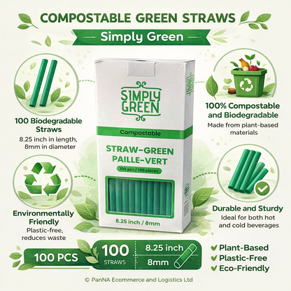 Simply Green Compostable Drinking Straws 8.25 Inch (8mm) – Eco-Friendly Corn-Based Bioplastic, BPA Free, Food Safe Disposable Straws – Green | 100 Pieces