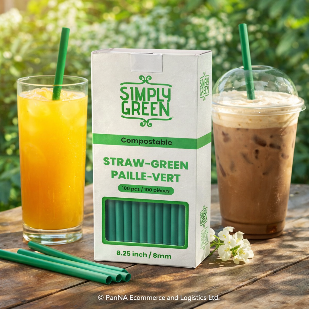 Simply Green Compostable Drinking Straws 8.25 Inch (8mm) – Eco-Friendly Corn-Based Bioplastic, BPA Free, Food Safe Disposable Straws – Green | 100 Pieces